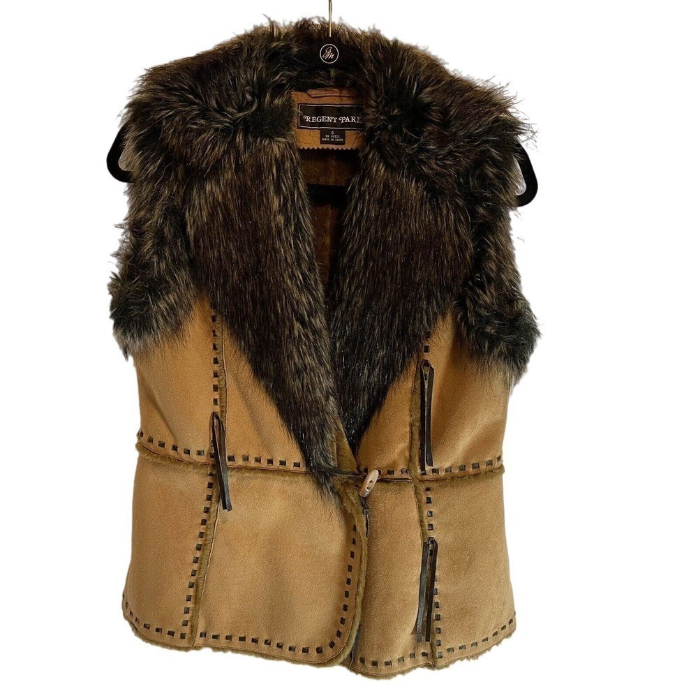 Regent Park Vintage Vest, Faux Suede, Faux Fur Collar, Brown Color Size Small